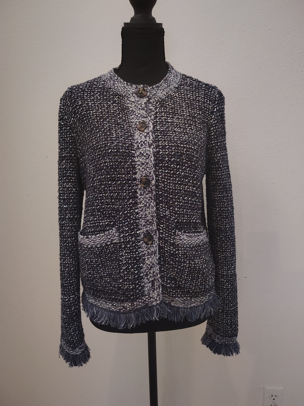 Ann Taylor Navy and White Textured Fringe Cardigan